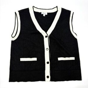 Evereve Whitney Lady Like Sweater Vest Womens Sz L Black White Gold Buttons V Nk